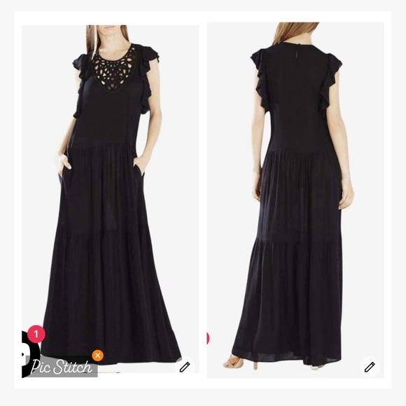 BCBGMAXAZRIA Lyndsy Black Flutter Sleeve Cutout Maxi Dress